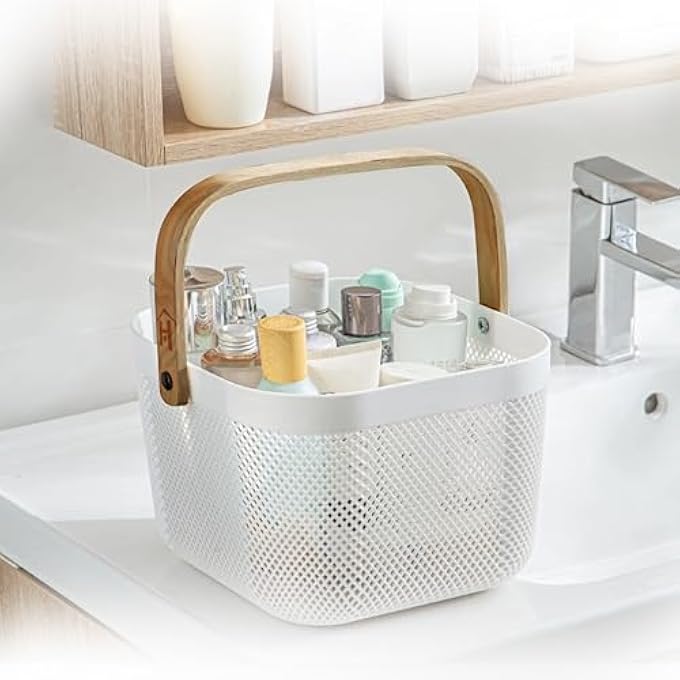 HOMEPRO PLASTIC MESH BASKET WITH BAMBOO HANDLE, MULTI-FUNCTIONAL KITCHEN BASKETS STORAGE ORGANIZER BASKET FOR FRUITS & VEGETABLES VERSATILE AND STYLISH MESH FRUIT BASKET FOR ORGANIZED LIVING (WHITE) - Image 4